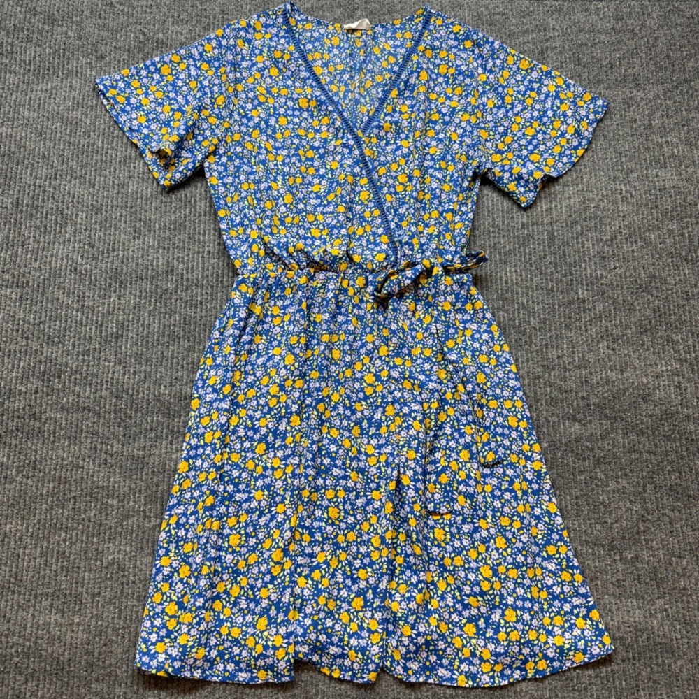 Blue Floral Faux Wrap Dress Womens XL V-Neck Short Sleeve Cottagecore‎ Print